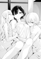 Rule 34 | 3girls, arm hug, blush, breast sucking, breast sucking through clothes, closed mouth, commentary request, greyscale, hair over one eye, highres, kiss, kissing cheek, monochrome, multiple girls, one eye closed, original, split mouth, yuri, zanka (the-only-neat)