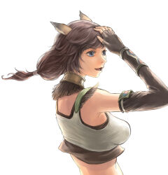 Rule 34 | 1girl, :d, animal ears, adventurer (ff11), black gloves, blue eyes, breasts, brown hair, cactus41747280, cat ears, cat girl, colored eyelashes, eyelashes, final fantasy, final fantasy xi, fingerless gloves, floating hair, gloves, highres, long hair, low-tied long hair, medium breasts, mithra (ff11), open mouth, simple background, smile, solo, white background