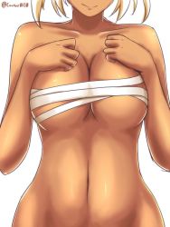 Rule 34 | 10s, 1girl, blonde hair, bottomless, breasts, budget sarashi, collarbone, dark skin, dark-skinned female, female focus, hands on own chest, head out of frame, kantai collection, large breasts, loussier666, musashi (kancolle), navel, sarashi, short hair, smile, solo