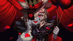 Rule 34 | 1girl, ace (playing card), ace of hearts, akubi darake, alternate costume, animal ears, asymmetrical sleeves, balloon, blonde hair, braid, card, clown, confetti, fox ears, hair ornament, hat, heart, heart-shaped pupils, highres, holding, holding card, hololive, looking at viewer, makeup, medium hair, mismatched sleeves, multicolored hair, omaru polka, playing card, red theme, solo, stage, stage curtains, streaked hair, symbol-shaped pupils, tongue, tongue out, top hat, virtual youtuber, x hair ornament