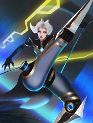 Rule 34 | 1girl, blue eyes, breasts, camille (league of legends), highres, league of legends, leg up, mcdobo, md5 mismatch, resized, small breasts, upscaled, white hair, wide hips