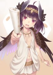 Rule 34 | 1girl, :d, absurdres, ahoge, black wings, bracelet, circe (fate), circe (fate) (cosplay), collarbone, commentary request, cosplay, doonatsu., dress, fate/grand order, fate (series), feathered wings, food, head tilt, head wings, headgear, highres, holding, holding food, jewelry, long hair, navel, open mouth, pleated skirt, purple eyes, purple hair, skirt, sleeveless, sleeveless dress, smile, solo, teeth, touhoku kiritan, upper teeth only, voiceroid, white dress, white skirt, wings