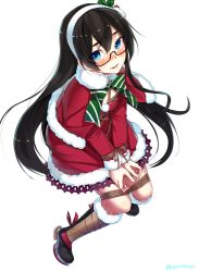Rule 34 | 1girl, bdsm, black hair, blue eyes, blush, bondage, bound, bound legs, bound wrists, capelet, christmas, dress, from above, full body, fur-trimmed dress, fur trim, glasses, gradient background, hair between eyes, hairband, highres, kantai collection, long hair, long sleeves, looking at viewer, ooyodo (kancolle), open mouth, red dress, red legwear, rope, ryou@ryou, sack, semi-rimless eyewear, shibari, shibari over clothes, simple background, smile, solo, sweat, twitter username, white background