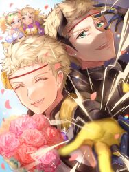 Rule 34 | 2boys, 2girls, absurdres, bare shoulders, blonde hair, blue eyes, bouquet, breasts, cleavage, closed eyes, dress, dual persona, father and daughter, fire emblem, fire emblem awakening, fire emblem fates, fire emblem heroes, flower, gloves, green eyes, hand over face, highres, holding, holding bouquet, large breasts, lissa (fire emblem), lissa (valentine) (fire emblem), long hair, looking at viewer, medium breasts, mother and son, multiple boys, multiple girls, nintendo, odin (fire emblem), odin (resplendent) (fire emblem), official alternate costume, open mouth, owain (fire emblem), owain (valentine) (fire emblem), petals, reaching, reaching towards viewer, twintails, upper body, white dress, yellow gloves, youhei choregi