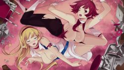 Rule 34 | 10s, 2girls, artist request, ass, blonde hair, blue eyes, blush, boots, breasts, choker, cutie honey, cutie honey (character), cutie honey universe, exploding clothes, female focus, gloves, hairband, kisaragi honey, large breasts, long hair, magical girl, multiple girls, nipples, official art, open mouth, red eyes, red hair, short hair, torn clothes, very long hair, white footwear