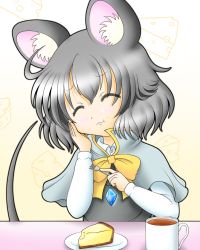 Rule 34 | 1girl, :3, ^ ^, animal ears, blush, cake, capelet, cheesecake, closed eyes, coffee, cup, plate, eating, closed eyes, food, fork, grey hair, hand on own cheek, hand on own face, highres, jewelry, long sleeves, mouse ears, mouse tail, nazrin, pendant, ribbon, satchii (artist), short hair, solo, tail, touhou, vest