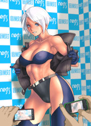 Rule 34 | 1girl, absurdres, angel (kof), armpits, bare shoulders, belt, blue eyes, blue gloves, breasts, cellphone, cowboy shot, cropped jacket, gloves, groin, highres, jacket, large breasts, legs, looking at viewer, navel, open clothes, parted lips, phone, qkat (arikawa-dou), short hair, solo focus, standing, strapless, the king of fighters, thighs, thong, toned, tube top, white hair