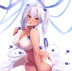 Rule 34 | 1girl, absurdres, ass, ass cutout, blue flower, blue rose, bra, breasts, butt crack, choker, clothing cutout, dark-skinned female, dark skin, flower, hair between eyes, hair ornament, highres, holding, holding flower, kantai collection, large breasts, looking at viewer, mashiro yukiya, musashi (kancolle), musashi kai ni (kancolle), no eyewear, on bed, red eyes, rose, simple background, smile, solo, thighhighs, underwear, white background, white bra, white choker, white hair, white thighhighs