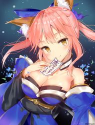 Rule 34 | 10s, 1girl, animal ears, bad id, bad pixiv id, bare shoulders, blush, bow, breasts, cleavage, collarbone, detached sleeves, fate/extra, fate (series), fox ears, hair bow, hair ribbon, japanese clothes, looking at viewer, melang b, pink hair, ribbon, smile, solo, tamamo (fate), tamamo no mae (fate/extra), upper body, yellow eyes