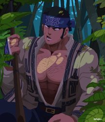 Rule 34 | 1boy, abs, artist name, bara, belt, black hair, black pants, blanko!, brown belt, chest hair, facial hair, golden kamuy, gun, highres, holding, holding gun, holding weapon, large pectorals, long sideburns, looking to the side, male focus, muscular, muscular male, open clothes, open mouth, open shirt, outdoors, pants, pectorals, shirt, short hair, sideburns, solo, tanigaki genjirou, weapon, white shirt