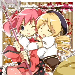 Rule 34 | 10s, 2girls, ayumaru (art of life), blonde hair, blue eyes, charlotte (madoka magica), cheek-to-cheek, closed eyes, drill hair, hat, heads together, hug, magical girl, mahou shoujo madoka magica, mahou shoujo madoka magica (anime), multiple girls, one eye closed, open mouth, personification, pink hair, tomoe mami, twin drills, twintails, wink, yellow eyes