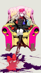 Rule 34 | 1girl, axe, bow, crack, dress, elbow gloves, full body, gloves, highres, kneehighs, long hair, mayu (vocaloid), microsoft windows, multicolored hair, nagimiso, sitting, socks, solo, vocaloid, weapon, yellow eyes