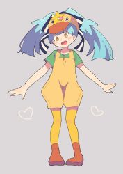 Rule 34 | 10s, 1girl, animal hat, blouse, blue hair, chicken hat, female focus, full body, green shirt, grey background, hair ornament, hat, hoshikawa lily, nakkasu, overalls, pantyhose, shirt, simple background, solo, star (symbol), star hair ornament, twintails, yellow pantyhose, zombie land saga