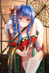 Rule 34 | 1girl, ahoge, azur lane, blue hair, blush, breasts, cameltoe, cleavage, covered erect nipples, cowboy shot, drill hair, fur scarf, glint, gt-apex, hair ornament, highres, japanese clothes, kimono, large breasts, leaning forward, looking at viewer, medium hair, new year, off shoulder, panties, parasol, purple eyes, side drill, side ponytail, sidelocks, smile, snow, solo, st. louis (azur lane), st. louis (spirits in the snow) (azur lane), standing, tassel, thighhighs, umbrella, underwear, v, white panties, white thighhighs, wide sleeves