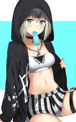 Rule 34 | 1girl, aoba moca, asato (fadeless), bang dream!, black choker, black jacket, blue eyes, bra, chain, chain necklace, choker, commentary request, food, grey hair, highres, hood, hood up, hooded jacket, jacket, jewelry, long sleeves, looking at viewer, mouth hold, necklace, o-ring, paint stains, pendant, popsicle, shorts, sitting, solo, splatter print, striped clothes, striped shorts, thigh strap, underwear, vertical-striped clothes, vertical-striped shorts, white bra