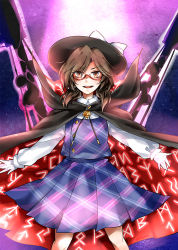 Rule 34 | 1girl, :d, bow, brown eyes, brown hair, cape, clothes writing, glasses, hat, hat bow, kikuichi monji, long sleeves, looking at viewer, low twintails, open mouth, plaid, red-framed eyewear, school uniform, shirt, short hair, skirt, smile, solo, touhou, twintails, urban legend in limbo, usami sumireko, white bow