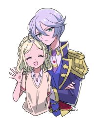 Rule 34 | 2girls, :d, ^ ^, blonde hair, blue jacket, braid, closed eyes, closed mouth, collared shirt, cropped torso, crown braid, epaulettes, facing viewer, green eyes, grey hair, hair between eyes, hand up, jacket, leaning on person, long hair, long sleeves, looking at viewer, midorikaze fuwari, multiple girls, necktie, open mouth, paprika private academy school uniform, pretty series, pripara, reverse trap, rituyama1, school uniform, shikyoin hibiki, shirt, short hair, short sleeves, signature, simple background, smile, upper body, vest, white background, white shirt, yellow vest