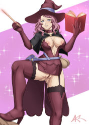 Rule 34 | 1girl, artist request, ass, bag, black clover, black thighhighs, book, boots, breasts, choker, cleavage, curvy, garter straps, grimoire, hat, high heel boots, high heels, highres, hip focus, holding, large breasts, nipple slip, nipples, pink hair, purple eyes, pussy, thick thighs, thigh boots, thighhighs, thighhighs under boots, thighs, uncensored, vanessa enoteca, wand, witch, witch hat