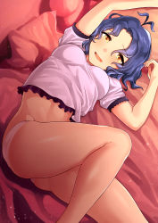Rule 34 | 1girl, absurdres, antenna hair, arm up, bad id, bad pixiv id, bare legs, bed, blue hair, blush, breasts, from above, groin, hanamasa ono, highres, idolmaster, idolmaster million live!, knee up, looking at viewer, medium breasts, on bed, open mouth, panties, parted bangs, pillow, shirt, short sleeves, smile, solo, thighs, toyokawa fuka, underwear, white panties, white shirt, yellow eyes
