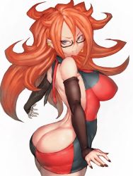 Rule 34 | 1girl, adapted costume, android 21, arched back, ass, ass cutout, backless dress, backless outfit, bare back, black-framed eyewear, breasts, butt crack, clothing cutout, curly hair, detached sleeves, dragon ball, dragon ball fighterz, dress, earrings, from behind, from side, fumio (rsqkr), glasses, hoop earrings, jewelry, lab coat, large breasts, light smile, long hair, looking at viewer, looking back, meme attire, nail polish, no bra, no panties, orange hair, revealing clothes, scientist, simple background, solo, striped clothes, striped sweater, sweater, virgin killer sweater, white background