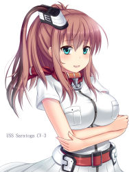 Rule 34 | 10s, 1girl, anchor, aqua eyes, ascot, belt, breast pocket, brown hair, character name, crossed arms, dress, hanazome dotera, kantai collection, long hair, looking at viewer, neckerchief, pocket, ponytail, red ascot, red neckerchief, saratoga (kancolle), side ponytail, simple background, solo, white background, white dress