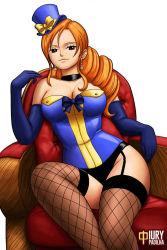 Rule 34 | 1girl, breasts, brown eyes, chair, choker, cleavage, curvy, earrings, elbow gloves, gloves, hat, iury padilha, jewelry, legs, long hair, nami (one piece), one piece, orange hair, sitting, smirk, solo, thighs