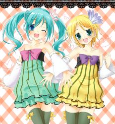Rule 34 | 2girls, amane (amnk1213), aqua eyes, aqua hair, bare shoulders, blonde hair, blue eyes, blush, bow, cheerful candy (module), collarbone, colorful drop (module), colorful x melody (vocaloid), detached sleeves, dress, flat chest, flower, frilled dress, frills, hair flower, hair ornament, hatsune miku, heart, kagamine rin, multiple girls, one eye closed, open mouth, outstretched hand, plaid, plaid background, project diva (series), project diva 2nd, ribbon, short hair, smile, strapless, strapless dress, striped clothes, striped dress, thighhighs, vocaloid, zettai ryouiki