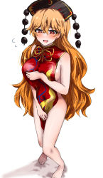 Rule 34 | 1girl, absurdres, bare shoulders, barefoot, blush, breasts, covering privates, covering breasts, covering crotch, hair between eyes, hara22hara, hat, highres, junko (touhou), large breasts, long hair, naked tabard, orange hair, red eyes, solo, tabard, touhou, very long hair