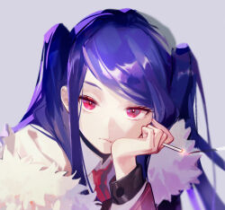 Rule 34 | 1girl, cigarette, close-up, coat, dress shirt, jill stingray, letter, looking at viewer, necktie, purple hair, red eyes, red necktie, shirt, solo, twintails, twitter, va-11 hall-a, walluka, white shirt