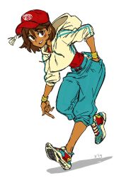 Rule 34 | 1girl, ajna (indivisible), alternate costume, baggy clothes, baggy pants, baseball cap, blush, bracelet, brown hair, contemporary, crop top, dark-skinned female, dark skin, female focus, gesture, hand in pocket, hat, highres, hip hop, hood, hoodie, indivisible, jewelry, kinuko (kinucakes), looking at viewer, open mouth, pants, shoes, short hair, smile, sneakers, solo, sweatpants, tank top, tassel, white background, wristband
