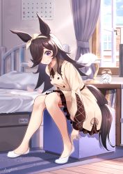 Rule 34 | 1girl, adjusting sock, alarm clock, animal ears, bed, bed frame, bedroom, black hair, blue carpet, bookshelf, bow, breasts, brown dress, calendar (object), clock, collared dress, cross-laced clothes, cross-laced sleeves, desk lamp, dress, hair over one eye, hairband, hamanashi (trapiorra), highres, horse ears, horse girl, horse tail, indoors, lamp, long hair, long sleeves, open window, pillow, purple eyes, rice shower (umamusume), signature, sitting, small breasts, smile, socks, solo, swept bangs, tail, two-tone dress, umamusume, white bow, white dress, white hairband, white socks, window, wooden floor