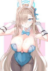 Rule 34 | 1girl, absurdres, animal ears, asuna (blue archive), asuna (bunny) (blue archive), black pantyhose, blonde hair, blue archive, blue bow, blue bowtie, blue eyes, blue halo, blue leotard, blue ribbon, blush, bow, bowtie, breasts, cleavage, cowboy shot, detached collar, fake animal ears, gloves, hair over one eye, hair ribbon, halo, highres, large breasts, leotard, long hair, mole, mole on breast, official alternate costume, open mouth, pantyhose, rabbit ears, ribbon, simple background, sisong, solo, strapless, strapless leotard, white background, white gloves