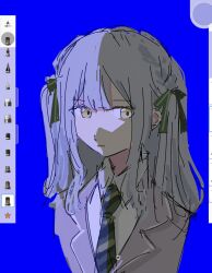 Rule 34 | 1girl, bang dream!, bang dream! it&#039;s mygo!!!!!, blue background, blue hair, closed mouth, collared shirt, commentary, english commentary, expressionless, fine art parody, green necktie, green ribbon, grey jacket, hair ribbon, haneoka school uniform, highres, jacket, long hair, looking at viewer, necktie, odore (suzukisakana001), parody, ribbon, school uniform, shirt, simple background, solo, togawa sakiko, two side up, upper body, white shirt, yellow eyes