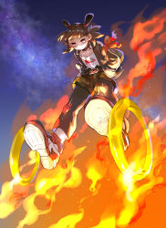 Rule 34 | 1boy, belt, black hair, black pantyhose, blunt bangs, camouflage, camouflage shorts, commentary request, double bun, fire, full body, hair bun, hands in pockets, highres, hoop, pantyhose under shorts, limaomao, looking at viewer, medium hair, nezha (the legend of luoxiaohei), pantyhose, print shirt, shirt, shoes, shorts, sky, solo, star (sky), starry sky, luo xiaohei zhanji, white shirt
