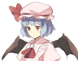 Rule 34 | 1girl, ascot, bat wings, blue hair, blush, bonnet, bow, bowtie, child, female focus, hair bow, hat, looking down, puffy sleeves, red eyes, remilia scarlet, sad, short hair, simple background, sketch, solo, tears, touhou, upper body, weee (raemz), white background, wings