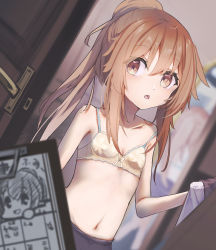 Rule 34 | 1girl, blurry, bra, breasts, brown hair, clipboard, collarbone, commentary request, depth of field, door, dutch angle, fumizuki (kancolle), highres, kantai collection, logiclr, long hair, looking at viewer, navel, ponytail, red eyes, small breasts, solo, underwear, upper body, white bra
