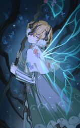 Rule 34 | 1boy, absurdres, bishounen, blonde hair, cowboy shot, earmuffs, ebf7l, fairy, fairy wings, highres, limbus company, male focus, project moon, roots, short hair, sinclair (project moon), solo, wings, yellow eyes