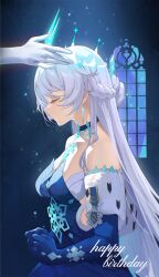 Rule 34 | 1girl, absurdres, bare shoulders, blue dress, blue sleeves, breasts, choker, closed eyes, closed mouth, commentary, crown, dress, earrings, english commentary, english text, gloves, happy birthday, highres, honkai (series), honkai impact 3rd, indoors, jewelry, kiana kaslana, kiana kaslana (herrscher of the void), long hair, medium breasts, official alternate costume, solo focus, tutou jiang, upper body, white gloves, white hair, window