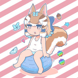 Rule 34 | 1girl, acorn, animal ears, brown eyes, brown hair, chipmunk ears, chipmunk girl, chipmunk tail, extra ears, highres, kemono friends, kemono friends v project, looking at viewer, numazoko namazu, panties, ribbon, short hair, siberian chipmunk (kemono friends), simple background, solo, striped clothes, striped panties, tail, tank top, underwear, virtual youtuber
