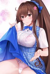 Rule 34 | 1girl, alternate costume, apron, blouse, blue bow, blue bowtie, blush, bow, bowtie, breasts, brown hair, cherry blossoms, clothes lift, dress, dress lift, flower, gingham, gingham apron, hair between eyes, hair flower, hair ornament, highres, kantai collection, kobeya, kobeya uniform, large breasts, lifting own clothes, long hair, panties, pink panties, plaid, plaid apron, ponytail, red eyes, see-through, shirt, smile, solo, underwear, very long hair, waitress, white background, white shirt, yamato (kancolle), yunamaro