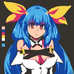 Rule 34 | 1girl, akairiot, aqua hair, bad id, bad tumblr id, bare shoulders, blue hair, breasts, cleavage, cleavage cutout, clothing cutout, color guide, detached collar, detached sleeves, dizzy (guilty gear), flat color, guilty gear, guilty gear xrd, hair ornament, hair ribbon, long hair, looking at viewer, medium breasts, pink eyes, red eyes, ribbon, simple background, sketch, sleeveless, solo, upper body, very long hair