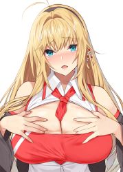 Rule 34 | 1girl, ahoge, antenna hair, aqua eyes, bare shoulders, beads, between breasts, blonde hair, blush, breasts, cleavage, cleavage cutout, clothing cutout, commentary request, hair beads, hair ornament, hairband, hands on own chest, highres, large breasts, long hair, looking at viewer, necktie, necktie between breasts, open mouth, short necktie, simple background, solo, tsurumaki maki, voiceroid, white background, yappen
