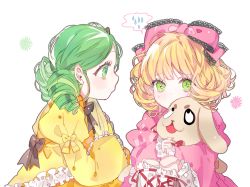 Rule 34 | 2girls, :3, bad id, bad pixiv id, black bow, blonde hair, bow, crying, doll joints, dress, drill hair, frills, green eyes, green hair, hair bow, hair ornament, hinaichigo, holding, holding stuffed toy, joints, kanaria, lace, lace-trimmed ribbon, lace trim, long hair, looking at another, multiple girls, pink bow, piyo (ppotatto), ribbon, rozen maiden, short hair, sitting, speech bubble, stuffed animal, stuffed rabbit, stuffed toy, tears, white background, white legwear, yellow dress