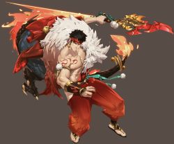 Rule 34 | 1boy, abs, alternate costume, arm tattoo, armband, artist request, bara, bell, belt, black hair, dragon, dragon claw, dragon tail, ear piercing, earrings, fire, gauntlets, gyee, hakama, headband, highres, japanese clothes, jewelry, looking to the side, male focus, manly, muscular, muscular male, nipples, official art, pants, pectorals, piercing, polearm, sandals, sideburns, slit pupils, solo, spear, spiked hair, stud earrings, sven (gyee), tail, tattoo, teeth, topless male, transparent background, weapon, yellow eyes