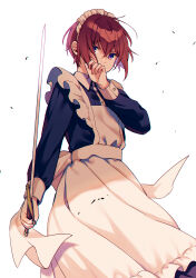Rule 34 | 1boy, absurdres, alternate costume, amagi hana, apron, brown hair, character request, check character, covering own mouth, crossdressing, dress, enmaided, ensemble stars!, frilled apron, frills, hand up, highres, holding, holding sword, holding weapon, long sleeves, looking at viewer, maid, maid headdress, purple eyes, short hair, solo, suou tsukasa, sword, weapon