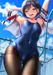 Rule 34 | 1girl, arms up, bare shoulders, black hair, black pantyhose, breasts, brown eyes, chain-link fence, cloud, competition school swimsuit, covered navel, cowboy shot, day, dutch angle, fence, gluteal fold, hose, kase daiki, looking at viewer, one-piece swimsuit, open clothes, open mouth, original, outdoors, outstretched arms, pantyhose, pantyhose under swimsuit, sailor collar, sailor shirt, school swimsuit, school uniform, serafuku, shiny clothes, shirt, short hair, sky, small breasts, smile, solo, splashing, standing, swimsuit, swimsuit under clothes, thigh gap, thighband pantyhose, thighs, undressing, water, water drop, wet, wet clothes