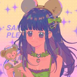 Rule 34 | 1girl, :3, animal ear hairband, animal ears, bare arms, bear ears, black neckerchief, blunt bangs, blush stickers, bow, bowtie, breasts, brown hairband, buckle, chinese commentary, choker, cleavage, closed mouth, collarbone, collared shirt, colored eyelashes, commentary request, dress, fake animal ears, food, frilled choker, frilled dress, frills, fruit, green bow, green bowtie, green choker, hair bow, hair ornament, hairband, hairclip, hat, heart, heart-shaped buckle, highres, holding, holding stuffed toy, long hair, neckerchief, original, pink background, polka dot, polka dot background, purple eyes, purple hair, sailor collar, sailor hat, sailor shirt, sample watermark, shirt, short sleeves, sidelocks, sleeveless, sleeveless dress, small breasts, smile, solo, spaghetti strap, sparkle, strawberry, stuffed animal, stuffed toy, teddy bear, two-tone background, upper body, watermark, white headwear, white sailor collar, white shirt, yellow background, yeshisi