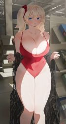 Rule 34 | 1girl, ahoge, blonde hair, blue eyes, blush, breasts, cleavage, commentary, curvy, english commentary, feet out of frame, florida-chan (ryusei hashida), groin, highleg, highleg swimsuit, highres, huge breasts, looking at viewer, medium hair, narrow waist, one-piece swimsuit, one side up, original, red one-piece swimsuit, ryusei hashida, side ponytail, solo, standing, swimsuit, thick thighs, thighs, wide hips