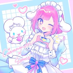 Rule 34 | 1girl, :d, alternate costume, apron, blue bow, blue shirt, blue skirt, blush, border, bow, brooch, center frills, character name, cinnamoroll, collared shirt, commentary, cowboy shot, dutch angle, enmaided, frilled apron, frills, grid background, heart, heart hands, highres, inset border, jewelry, juliet sleeves, long sleeves, looking at viewer, maid, maid headdress, notice lines, official alternate costume, one eye closed, ootori emu, open mouth, pink border, pink eyes, pink hair, pnyo emc, project sekai, puffy sleeves, rabbit, sanrio, shirt, skirt, sleeve cuffs, smile, solo, star-shaped pupils, star (symbol), striped bow, symbol-shaped pupils, grid background, waist bow, white apron