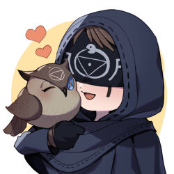 1boy animal animal_on_arm azaya_(kuroi_azaya) bird bird_on_arm black_capelet black_robe blindfold blush brown_bird brown_hair capelet eli_clark facial_mark heart hood hood_up hooded_capelet identity_v male_focus open_mouth owl robe solo upper_body